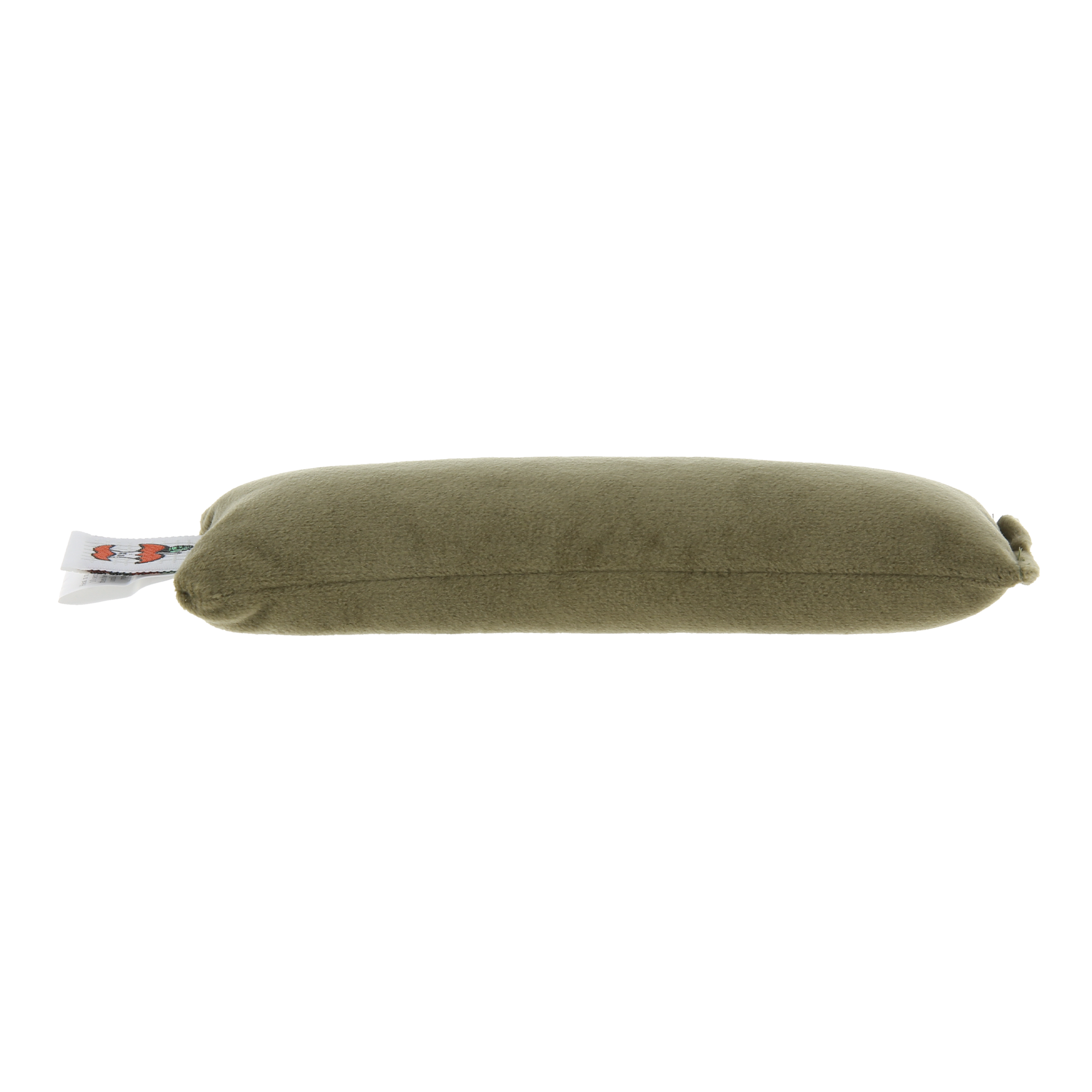 An olive green plush fabric covered moist heat therapy pack with a label indicating it is designed for use with a apex cervical orthosis.
